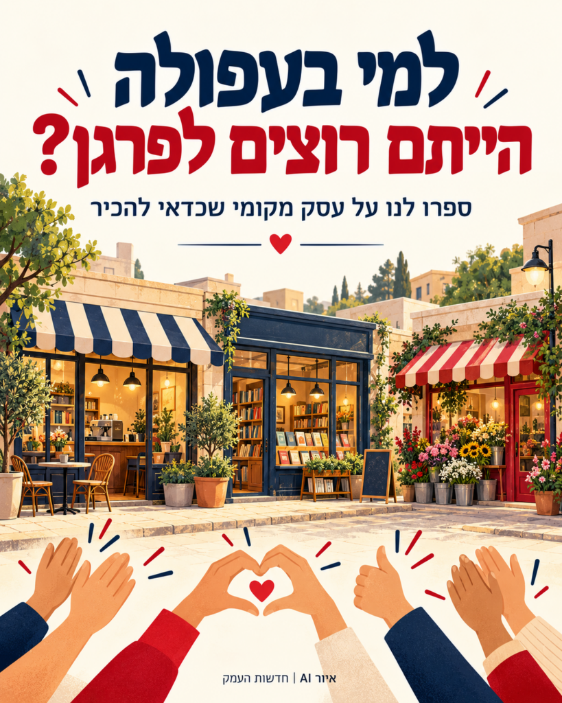 איור AI מקורי של חזיתות עסקים בהשראה קהילתית, עם השאלה לאיזה עסק בעפולה הייתם רוצים לפרגן